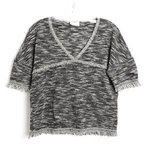 Vero Moda fringe boho top shortsleeve woven knit v-neck heathered print grey M